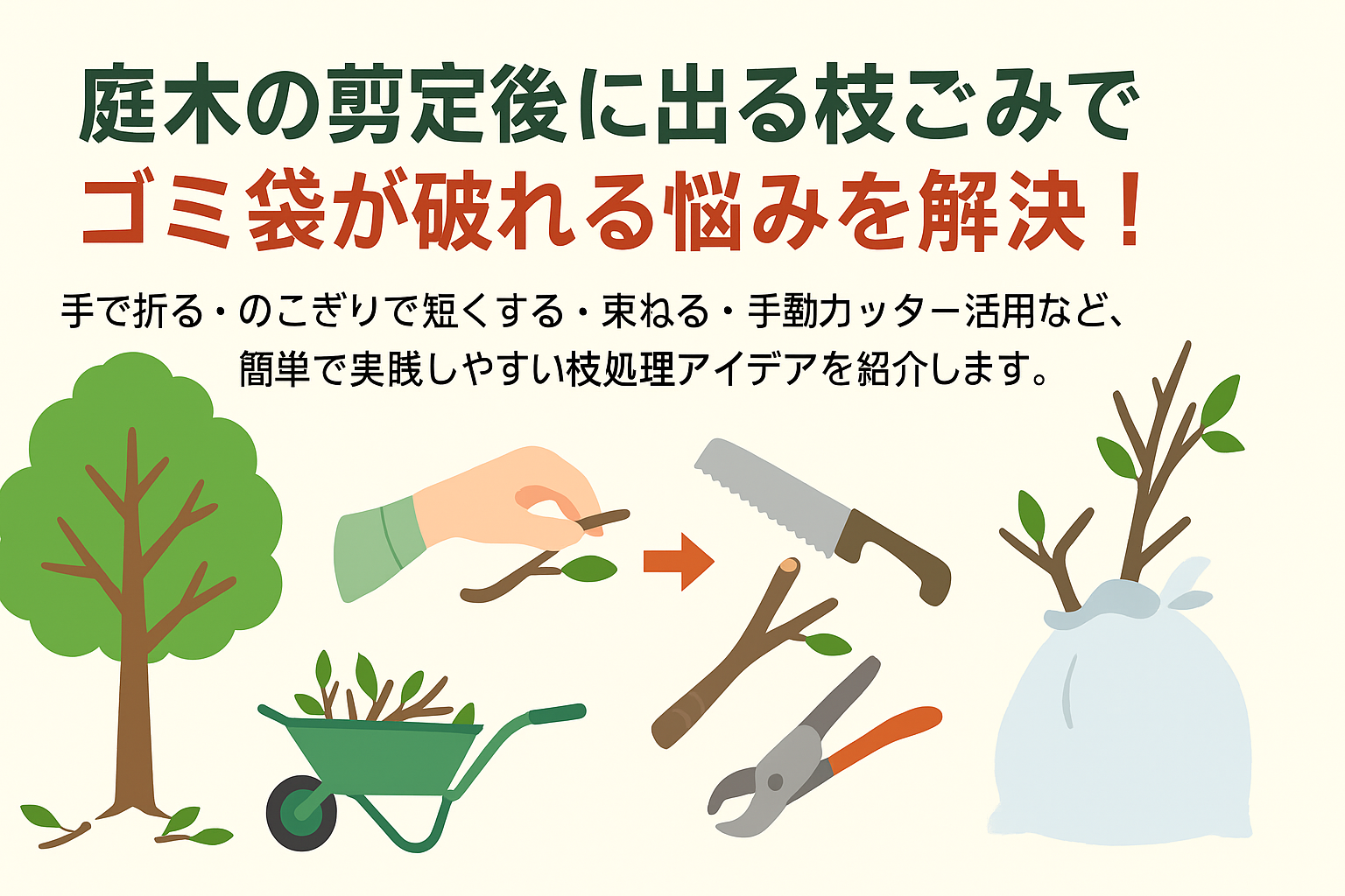 庭木の剪定後に出る枝ごみでゴミ袋が破れる悩みを解決！手で折る・のこぎりで短くする・束ねる・手動カッター活用など、簡単で実践しやすい枝処理アイデアを紹介します。