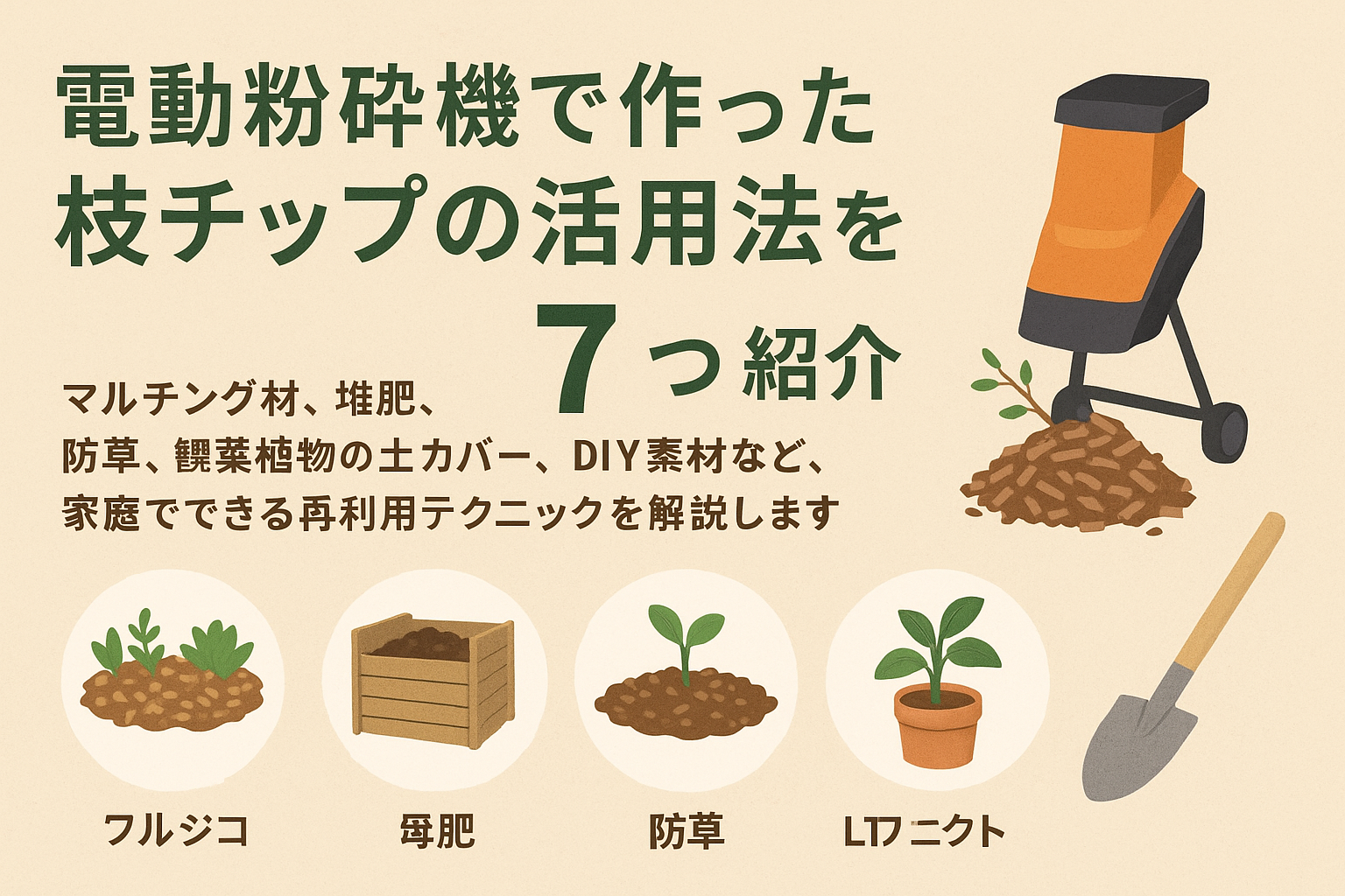 電動粉砕機で作った枝チップの活用法を7つ紹介。マルチング材、堆肥、防草、観葉植物の土カバー、DIY素材など、家庭でできる再利用テクニックを解説します。