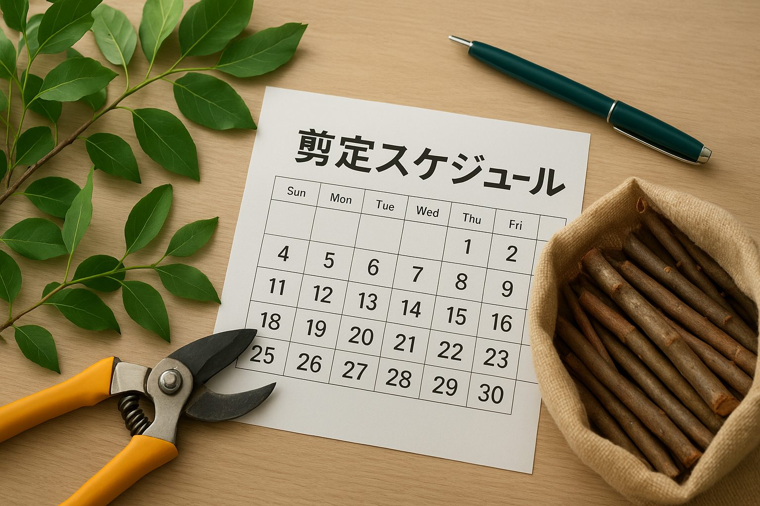 枝ごみ剪定スケジュール。剪定バサミ。袋に入った枝。