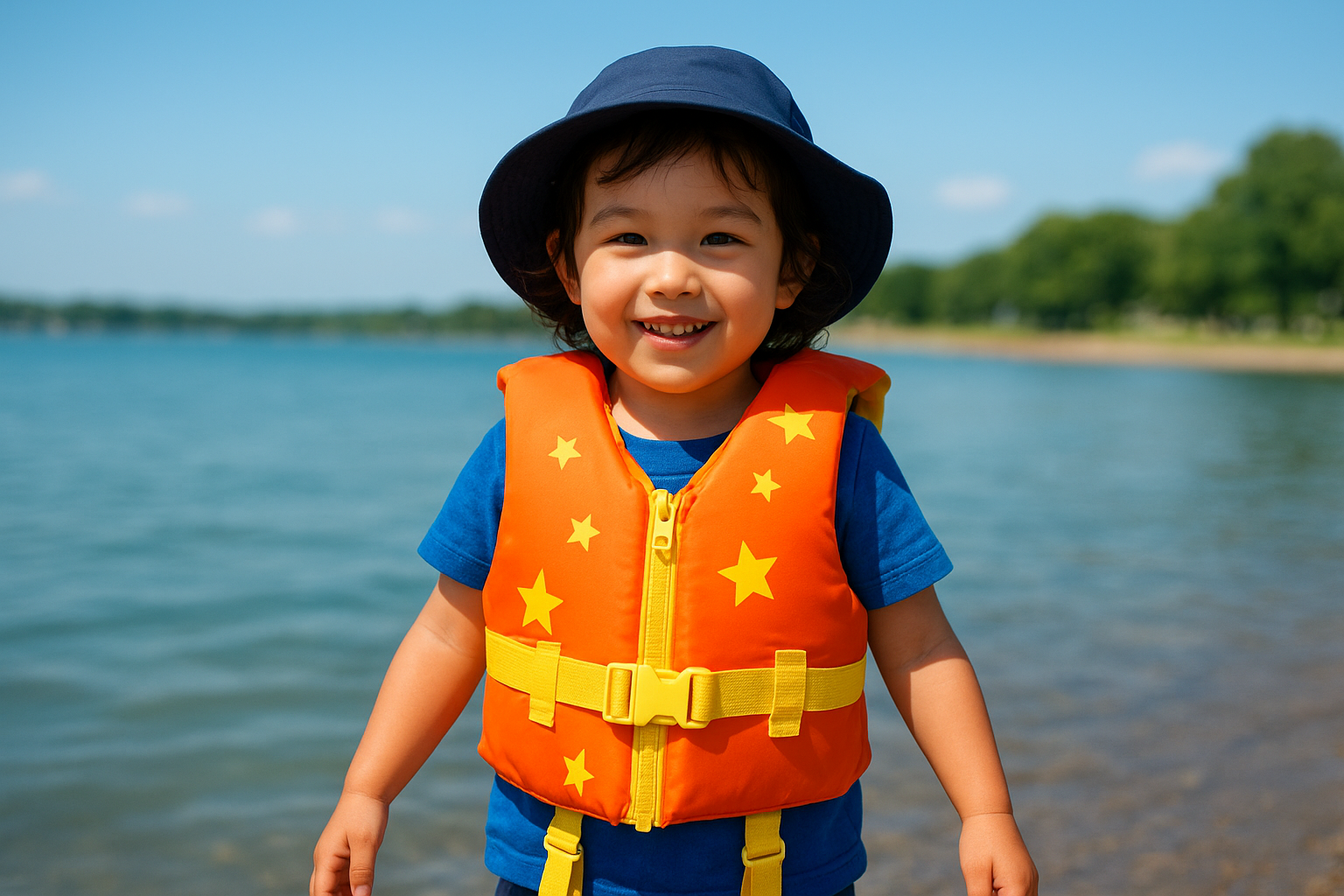 子ども用ライフジャケットを着用して、ご機嫌に水遊びをする子
