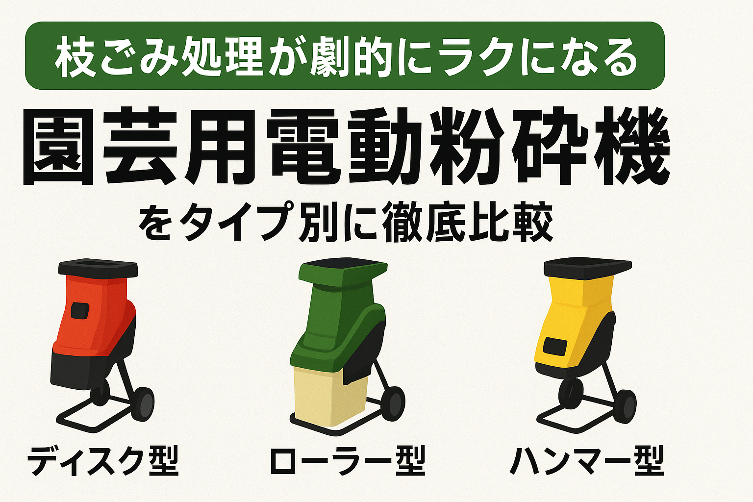 枝ごみ処理が劇的にラクになる園芸用電動粉砕機をタイプ別に徹底比較。ディスク型・ローラー型・ハンマー型の特徴、静音性や価格、家庭用から業務用までおすすめ機種を紹介します。